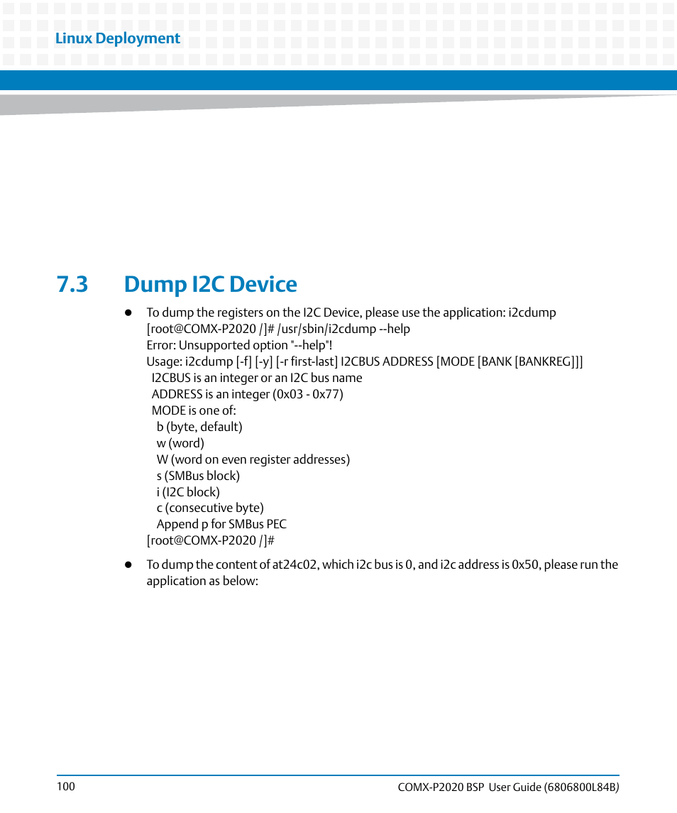 3 dump i2c device | Artesyn COMX-P2020 BSP User Guide (July 2014) User Manual | Page 100 / 106