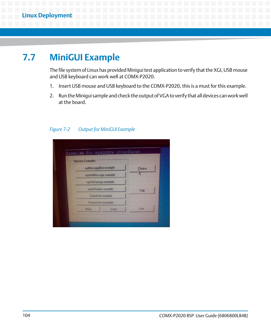 7 minigui example, Figure 7-2, Output for minigui example | Artesyn COMX-P2020 BSP User Guide (July 2014) User Manual | Page 104 / 106