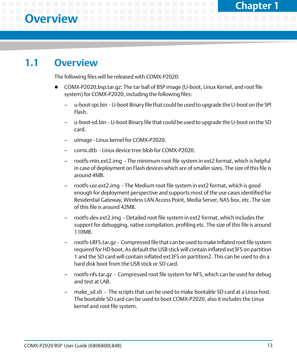 Overview, 1 overview, Chapter 1 | Artesyn COMX-P2020 BSP User Guide (July 2014) User Manual | Page 13 / 106