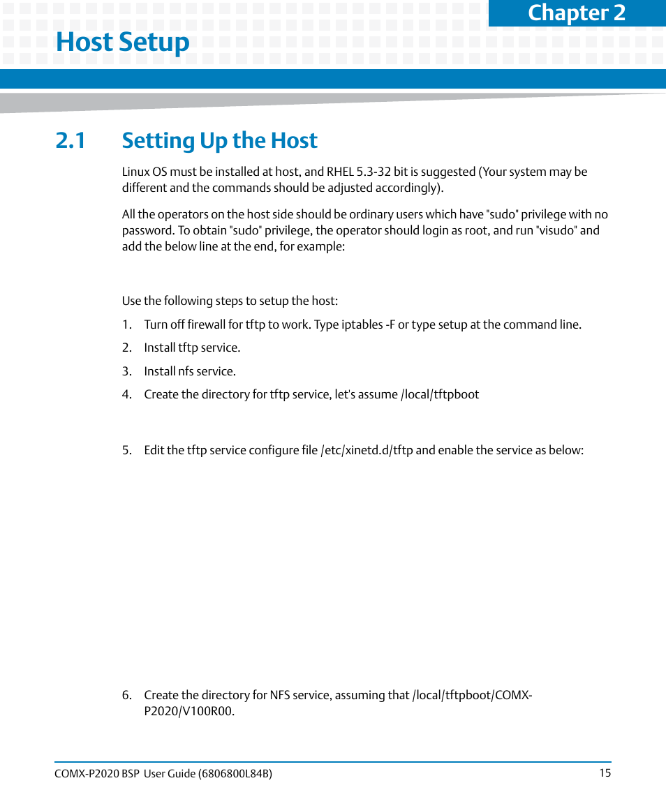 Host setup, 1 setting up the host, Chapter 2 | Artesyn COMX-P2020 BSP User Guide (July 2014) User Manual | Page 15 / 106