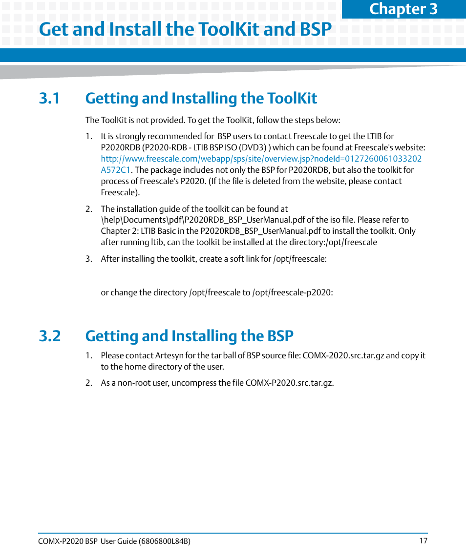 Get and install the toolkit and bsp, 1 getting and installing the toolkit, 2 getting and installing the bsp | Chapter 3 | Artesyn COMX-P2020 BSP User Guide (July 2014) User Manual | Page 17 / 106