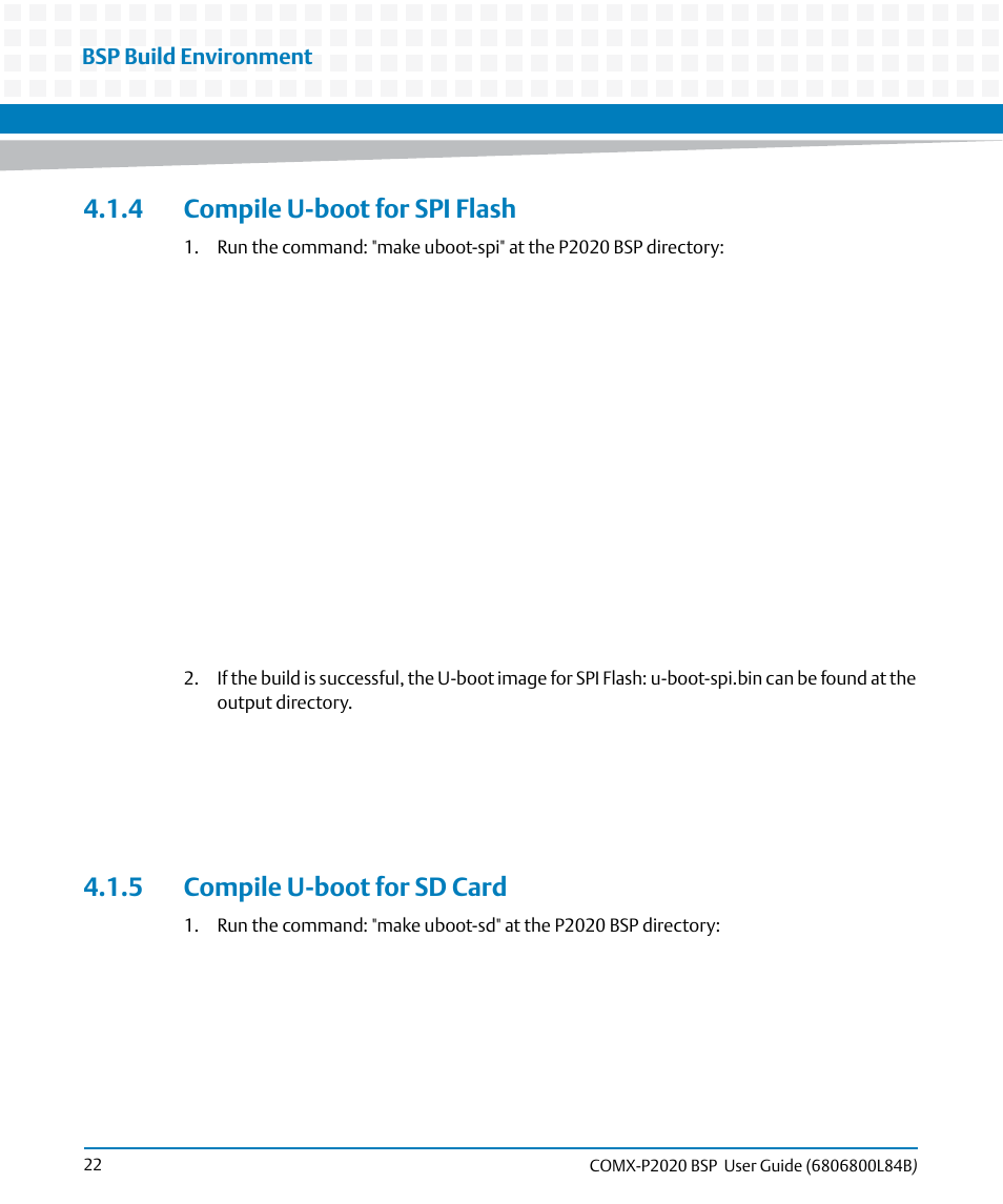 4 compile u-boot for spi flash, 5 compile u-boot for sd card, Bsp build environment | Artesyn COMX-P2020 BSP User Guide (July 2014) User Manual | Page 22 / 106