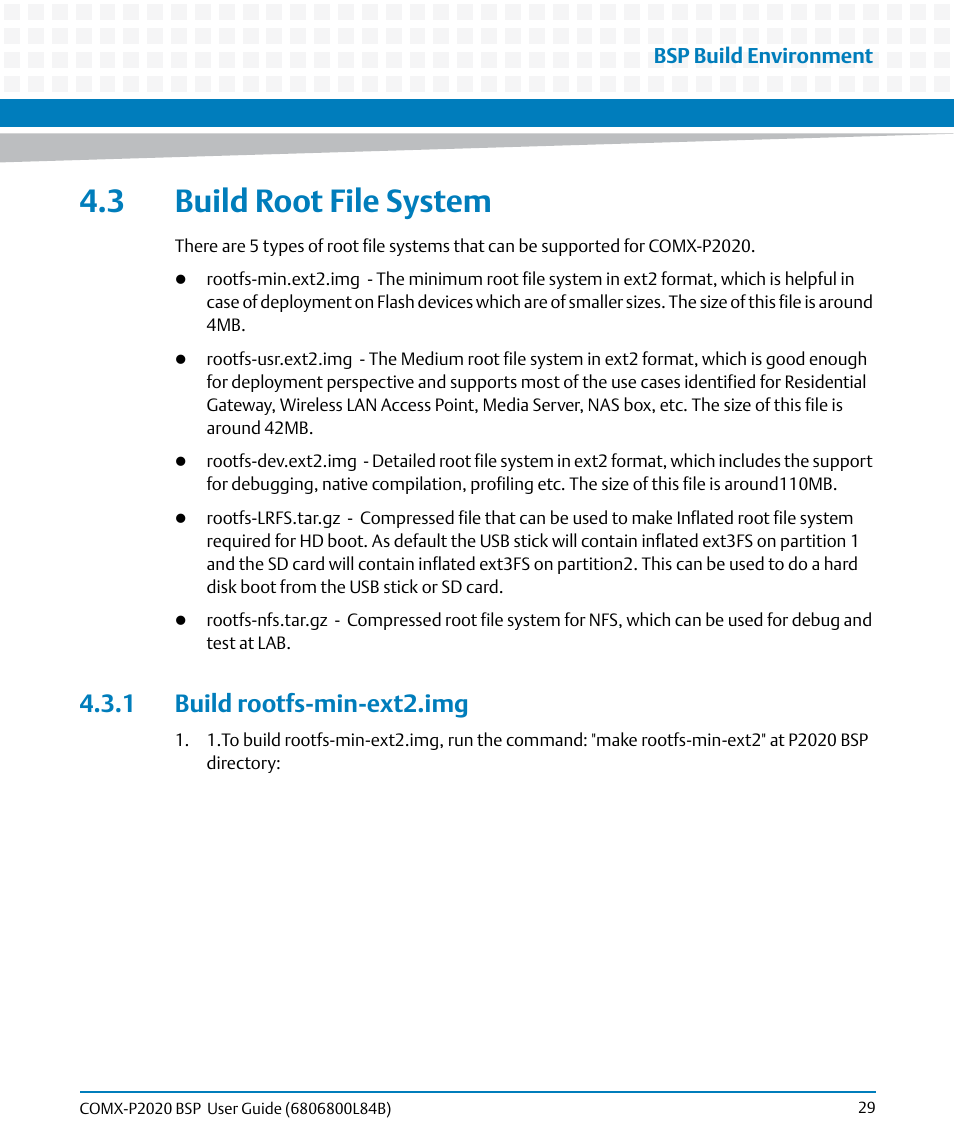 3 build root file system, 1 build rootfs-min-ext2.img, Bsp build environment | Artesyn COMX-P2020 BSP User Guide (July 2014) User Manual | Page 29 / 106