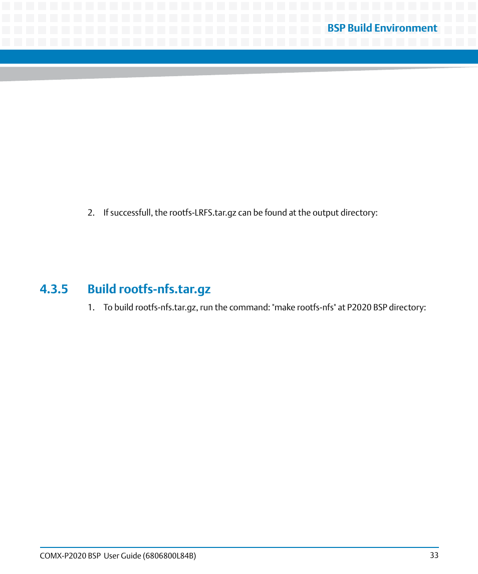 5 build rootfs-nfs.tar.gz, Bsp build environment | Artesyn COMX-P2020 BSP User Guide (July 2014) User Manual | Page 33 / 106