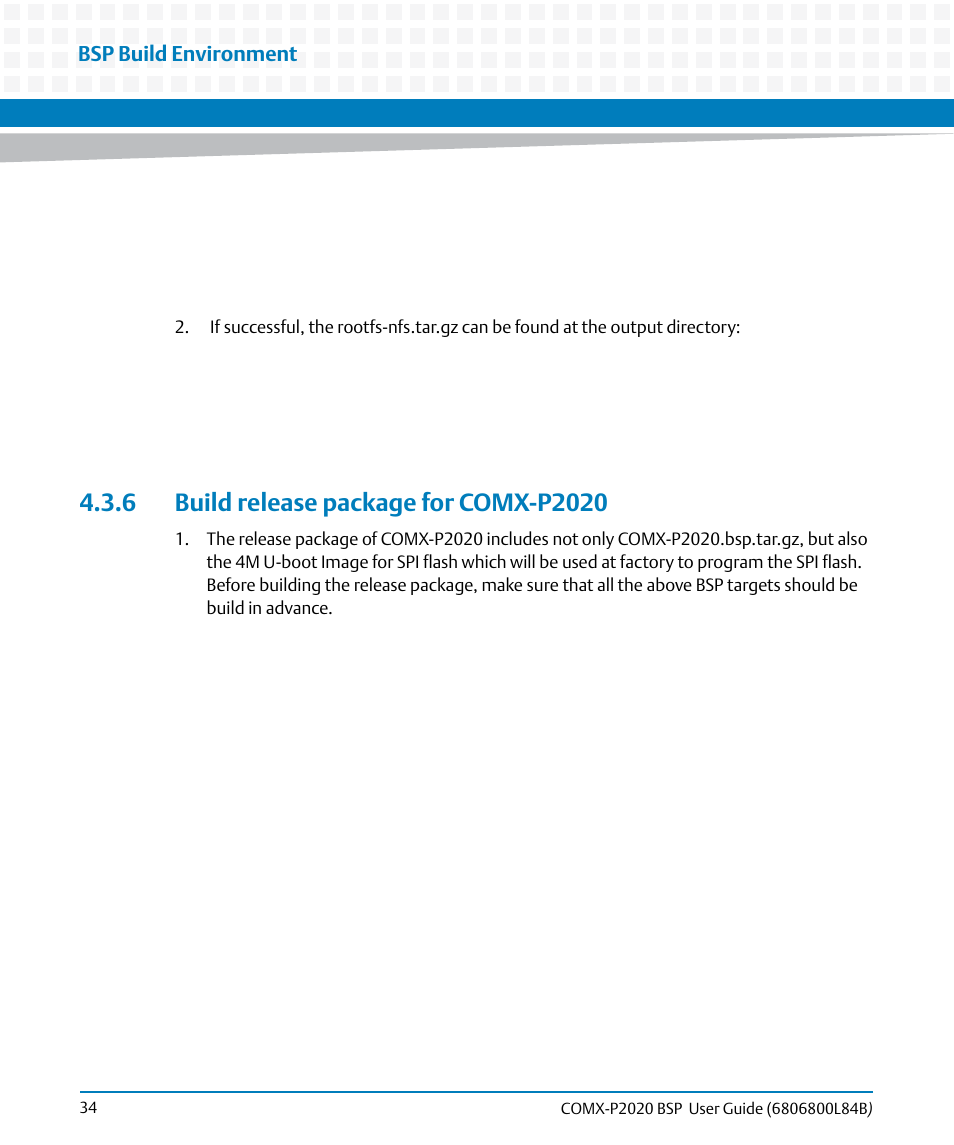 6 build release package for comx-p2020, Bsp build environment | Artesyn COMX-P2020 BSP User Guide (July 2014) User Manual | Page 34 / 106