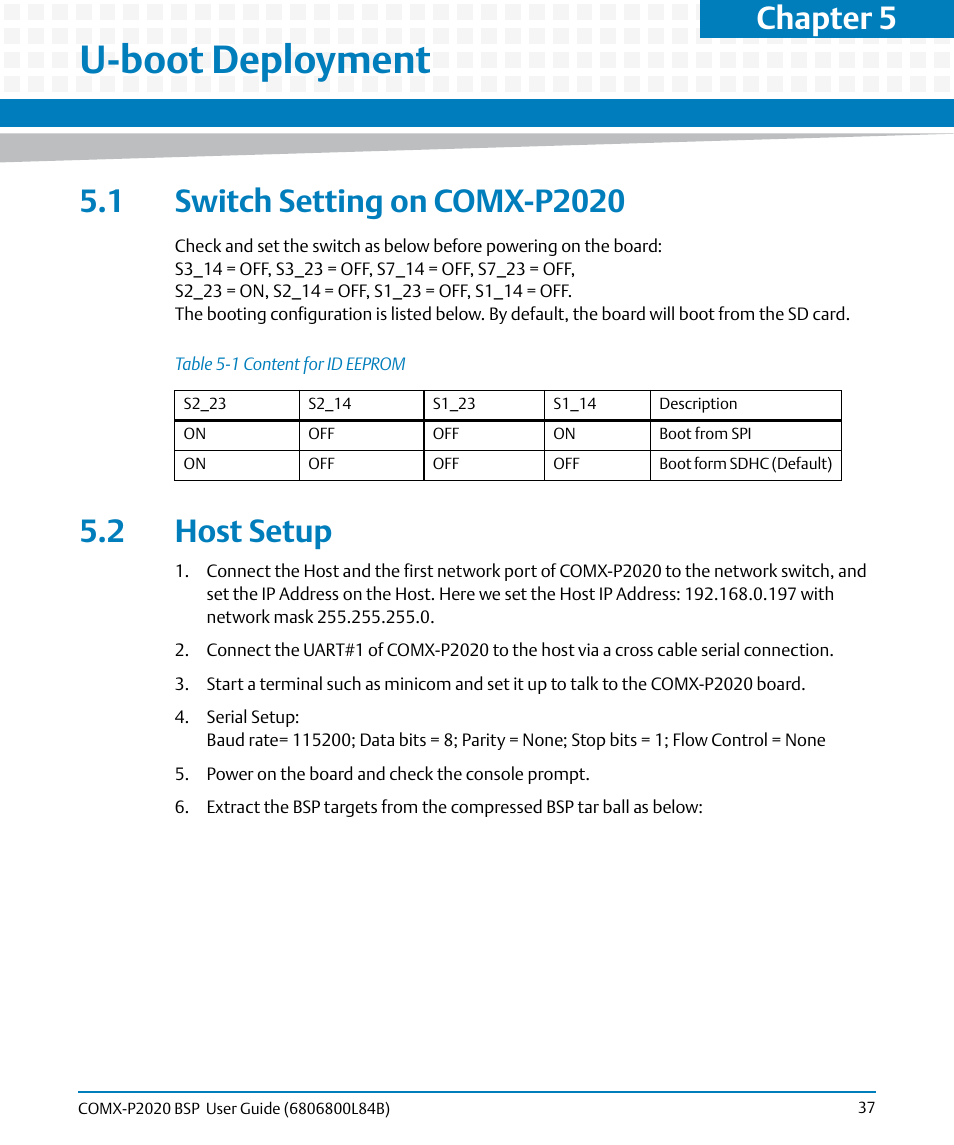 U-boot deployment, 1 switch setting on comx-p2020, 2 host setup | 1 switch setting on comx-p2020 5.2 host setup, Table 5-1, Content for id eeprom, Chapter 5 | Artesyn COMX-P2020 BSP User Guide (July 2014) User Manual | Page 37 / 106