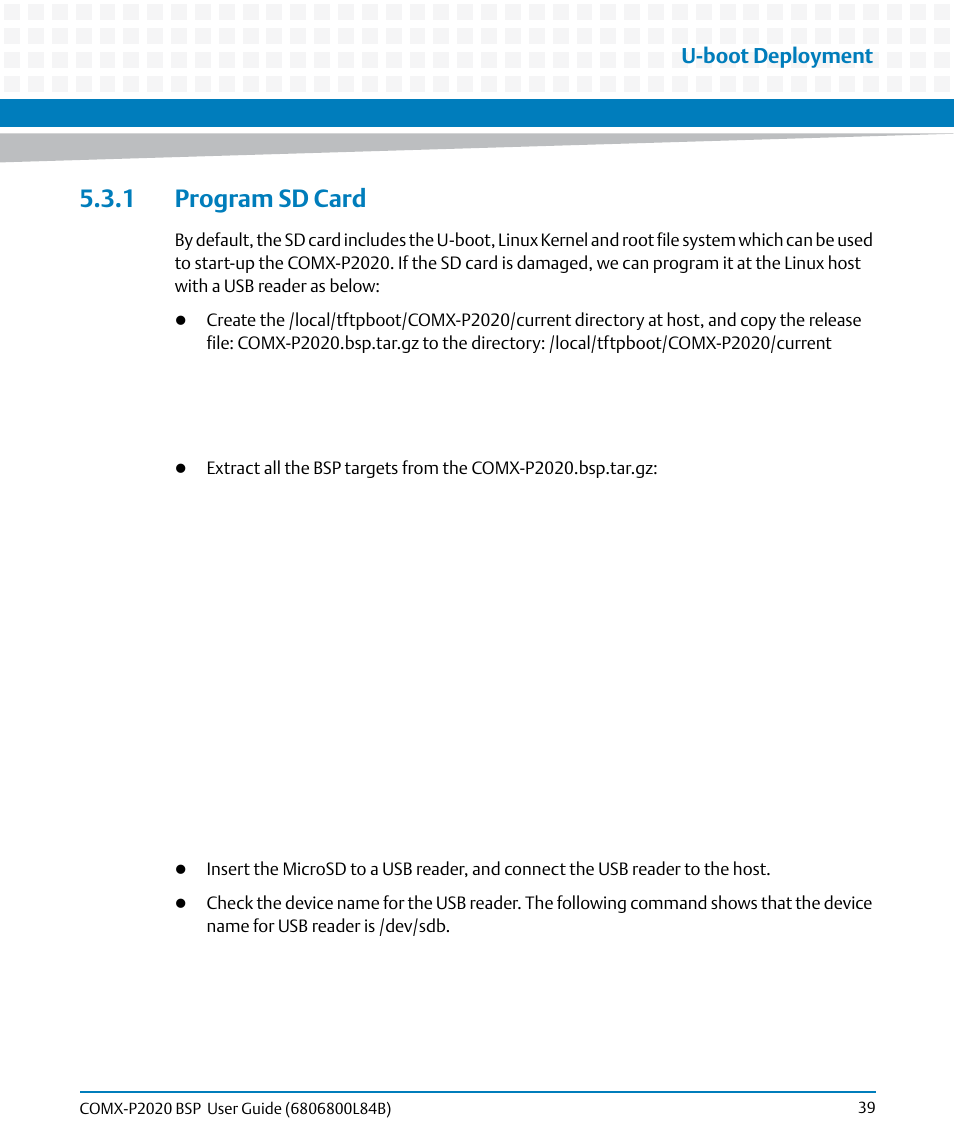 1 program sd card, U-boot deployment | Artesyn COMX-P2020 BSP User Guide (July 2014) User Manual | Page 39 / 106