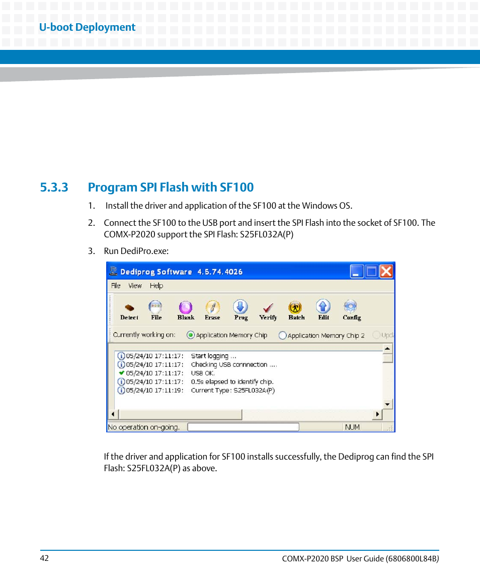 3 program spi flash with sf100, U-boot deployment | Artesyn COMX-P2020 BSP User Guide (July 2014) User Manual | Page 42 / 106