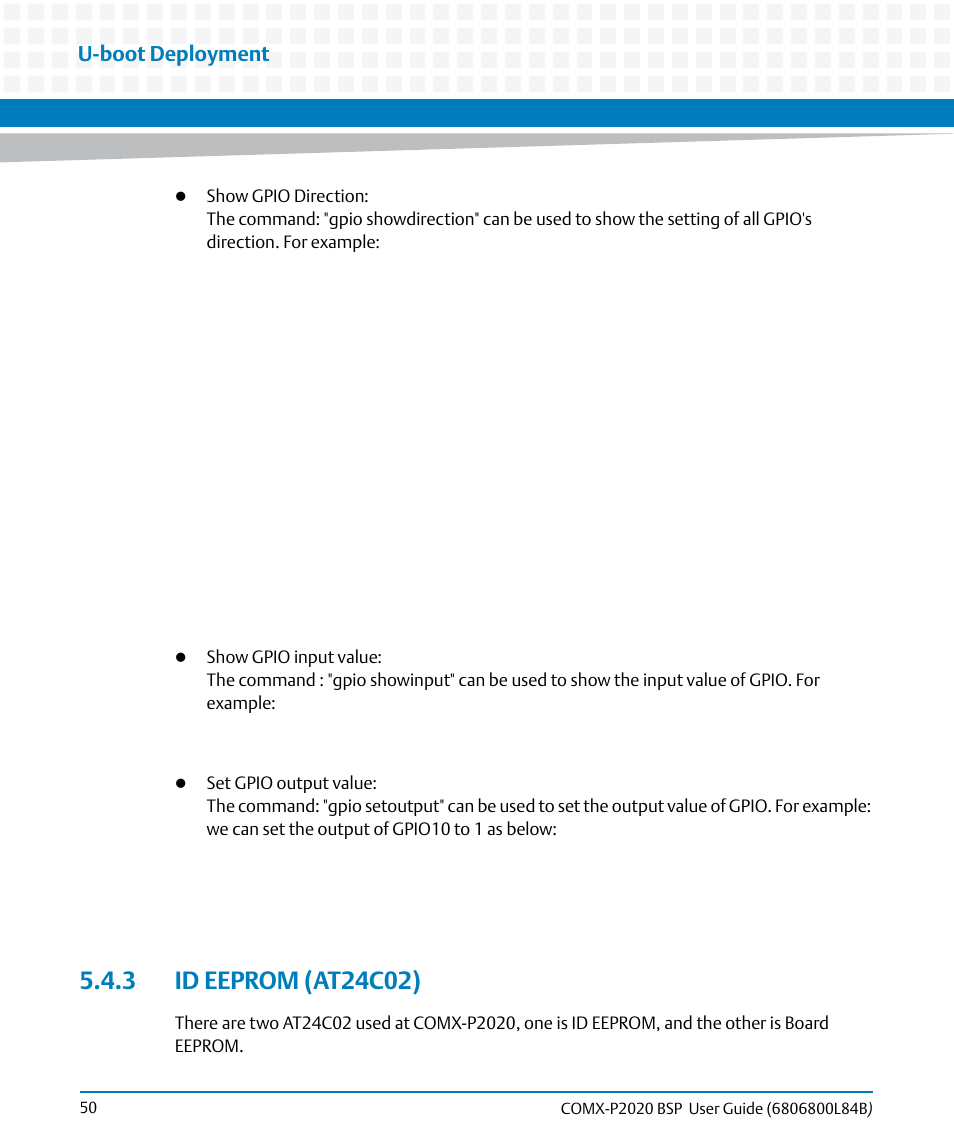 3 id eeprom (at24c02), U-boot deployment | Artesyn COMX-P2020 BSP User Guide (July 2014) User Manual | Page 50 / 106