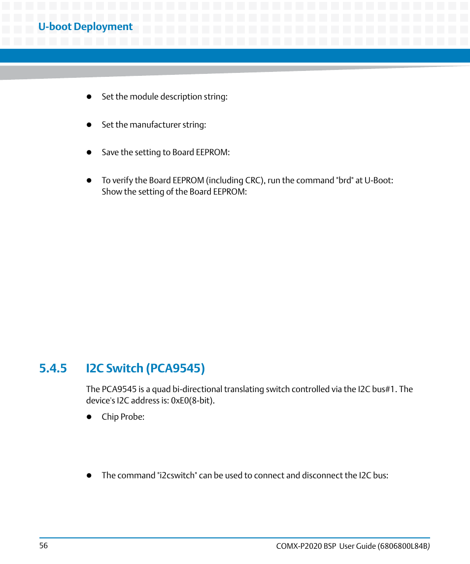5 i2c switch (pca9545), U-boot deployment | Artesyn COMX-P2020 BSP User Guide (July 2014) User Manual | Page 56 / 106