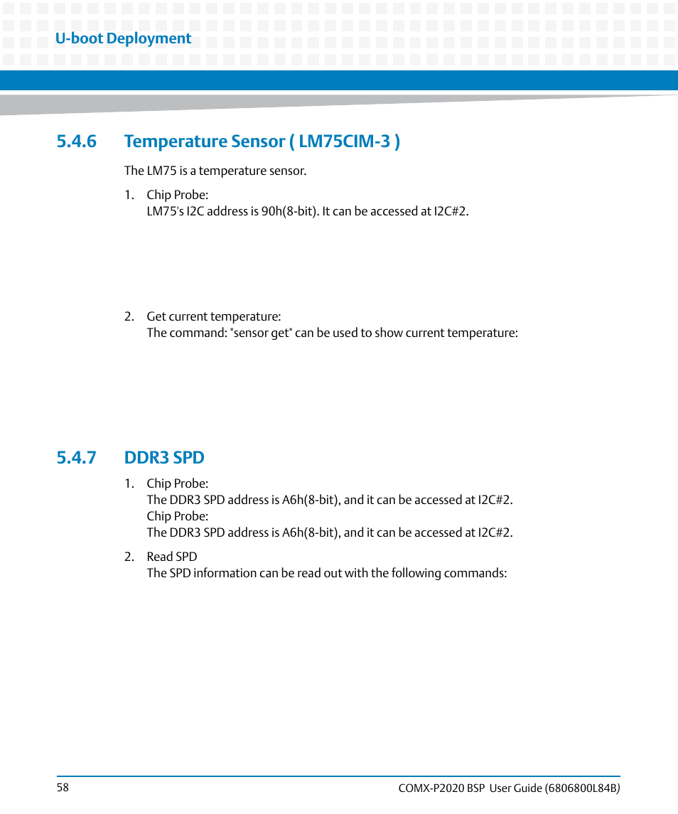 6 temperature sensor ( lm75cim-3 ), 7 ddr3 spd, 6 temperature sensor ( lm75cim-3 ) 5.4.7 ddr3 spd | U-boot deployment | Artesyn COMX-P2020 BSP User Guide (July 2014) User Manual | Page 58 / 106