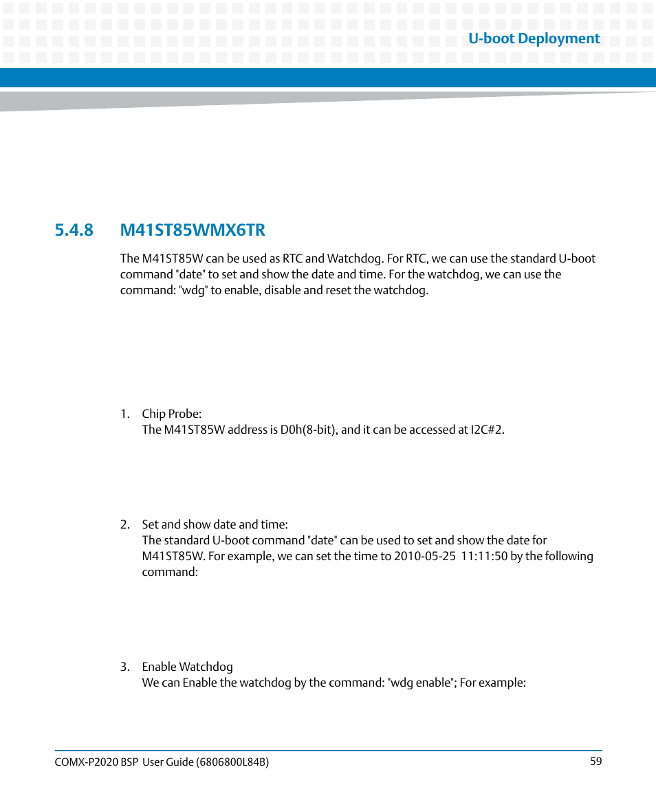8 m41st85wmx6tr, U-boot deployment | Artesyn COMX-P2020 BSP User Guide (July 2014) User Manual | Page 59 / 106