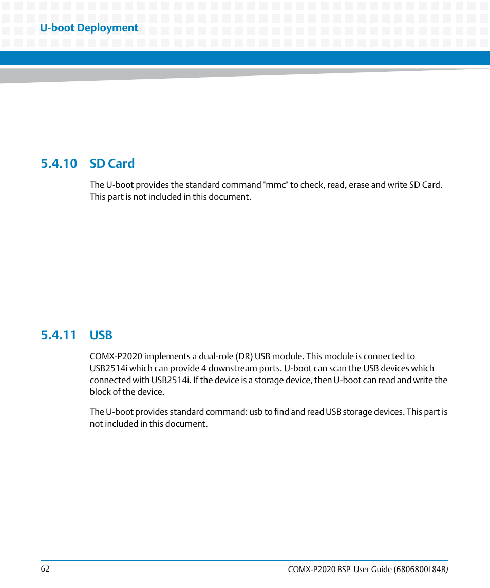 10 sd card, 11 usb, 10 sd card 5.4.11 usb | Artesyn COMX-P2020 BSP User Guide (July 2014) User Manual | Page 62 / 106