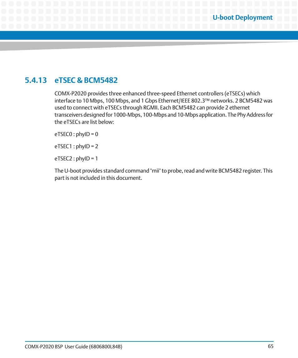 13 etsec & bcm5482, U-boot deployment | Artesyn COMX-P2020 BSP User Guide (July 2014) User Manual | Page 65 / 106