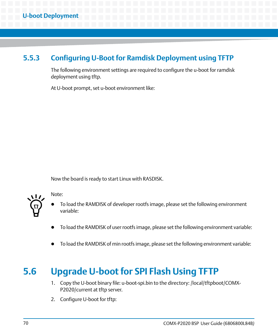 6 upgrade u-boot for spi flash using tftp | Artesyn COMX-P2020 BSP User Guide (July 2014) User Manual | Page 70 / 106