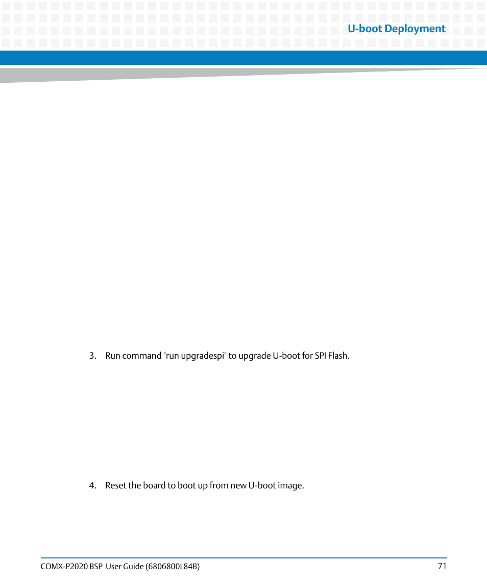 U-boot deployment | Artesyn COMX-P2020 BSP User Guide (July 2014) User Manual | Page 71 / 106