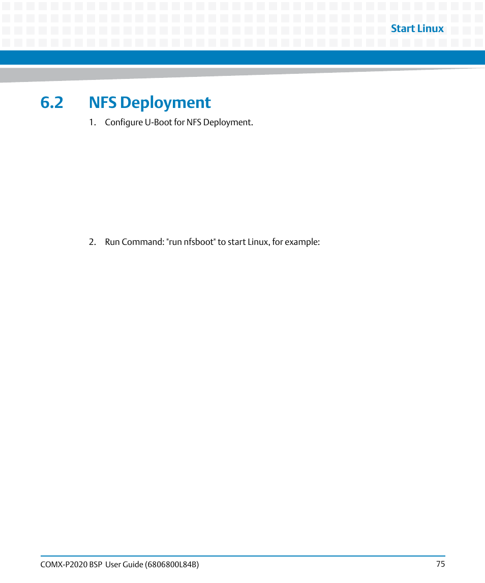 2 nfs deployment, Start linux | Artesyn COMX-P2020 BSP User Guide (July 2014) User Manual | Page 75 / 106