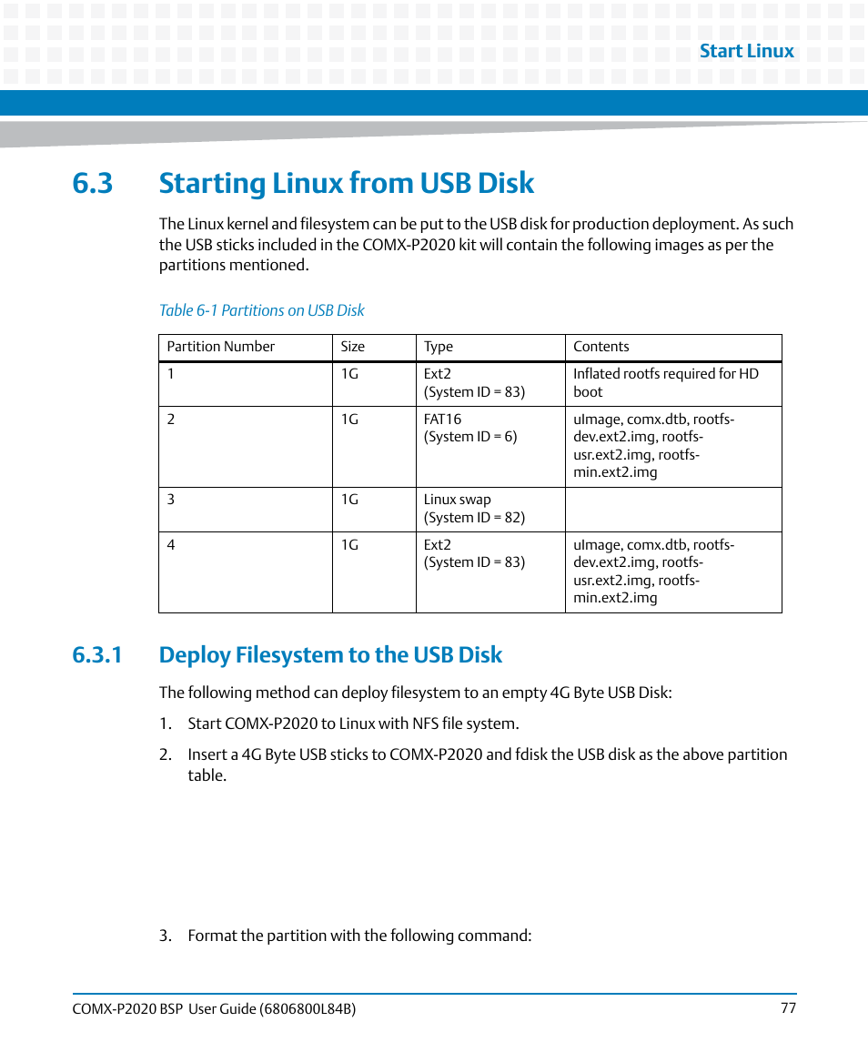 3 starting linux from usb disk, 1 deploy filesystem to the usb disk, Table 6-1 | Partitions on usb disk, Start linux | Artesyn COMX-P2020 BSP User Guide (July 2014) User Manual | Page 77 / 106