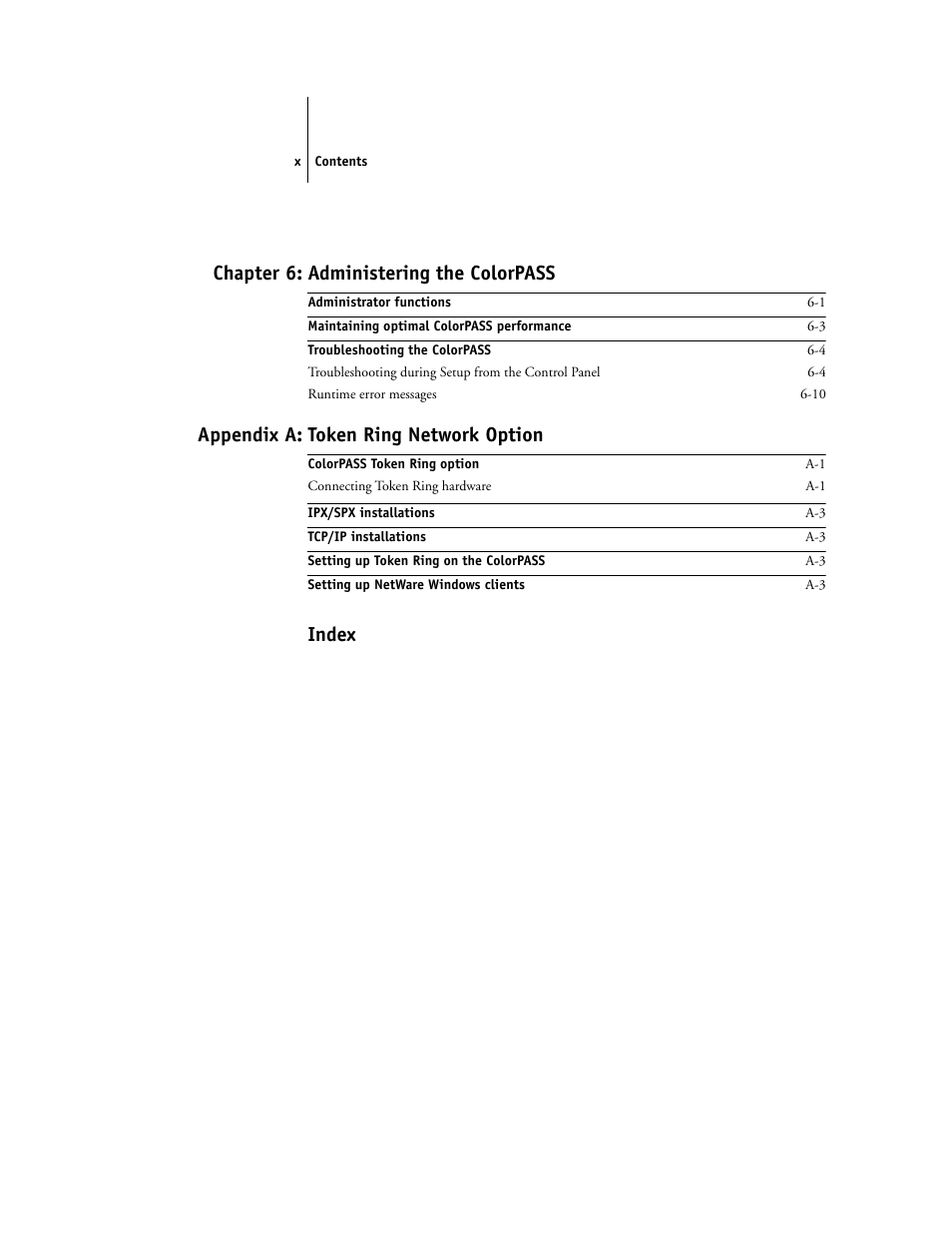 Chapter 6: administering the colorpass, Appendix a: token ring network option, Index | Canon Z5000 User Manual | Page 10 / 168