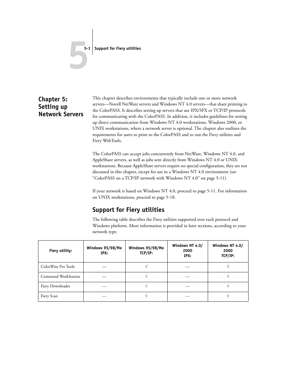 Chapter 5: setting up network servers, Support for fiery utilities, Chapter 5 pr | Ee chapter 5 for, Vided in chapter 5 of this manual | Canon Z5000 User Manual | Page 121 / 168