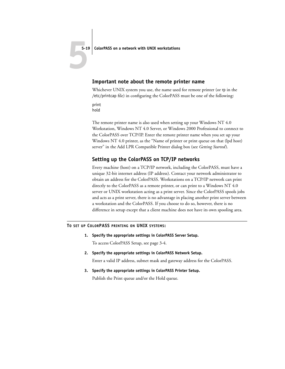 Important note about the remote printer name, Setting up the colorpass on tcp/ip networks | Canon Z5000 User Manual | Page 139 / 168