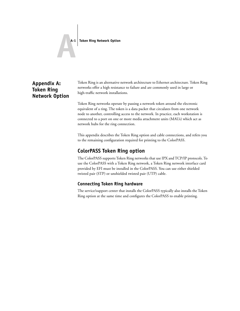 Appendix a: token ring network option, Colorpass token ring option, Connecting token ring hardware | Canon Z5000 User Manual | Page 155 / 168