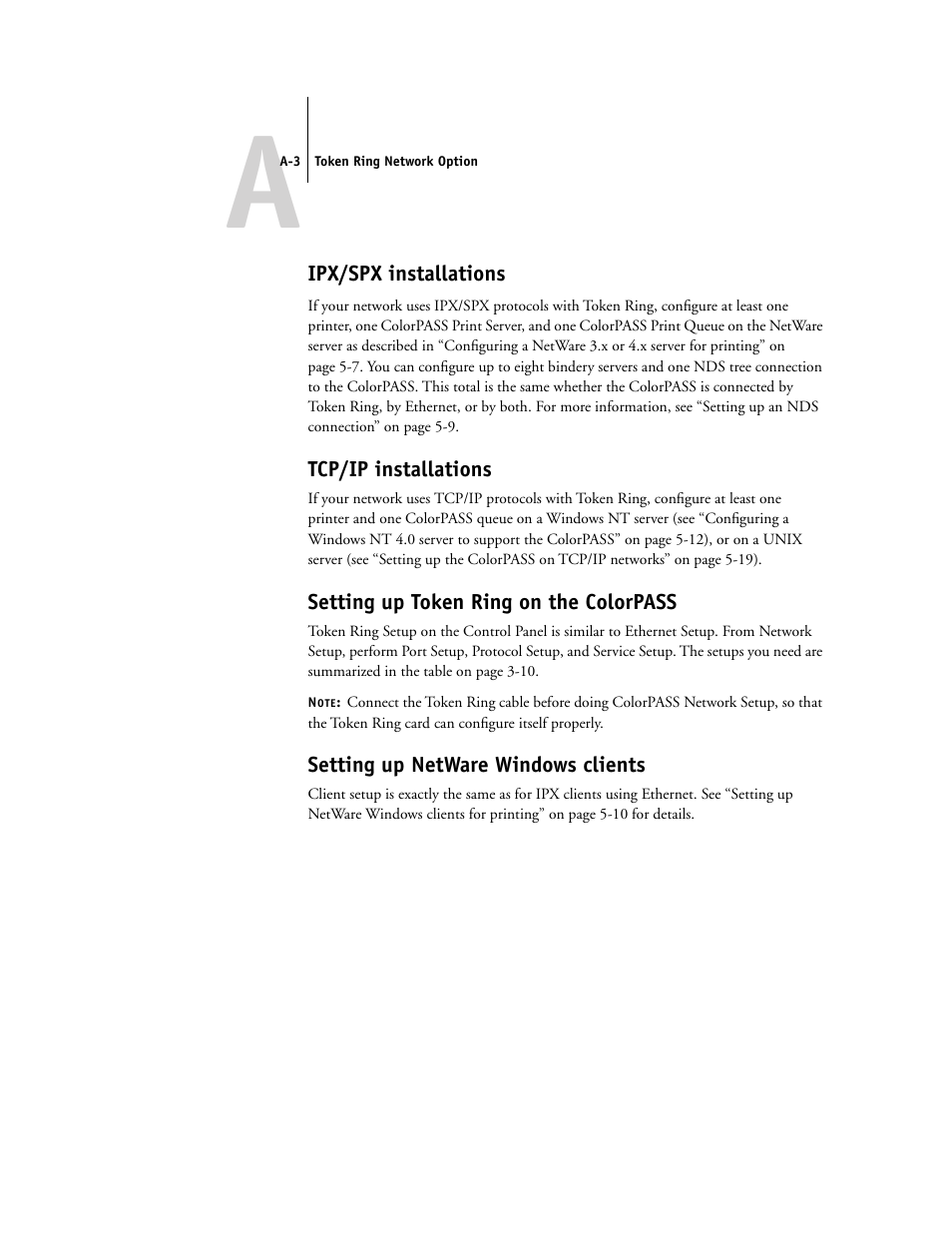 Ipx/spx installations, Tcp/ip installations, Setting up token ring on the colorpass | Setting up netware windows clients | Canon Z5000 User Manual | Page 157 / 168
