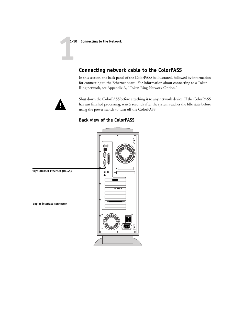 Connecting network cable to the colorpass, Back view of the colorpass | Canon Z5000 User Manual | Page 24 / 168