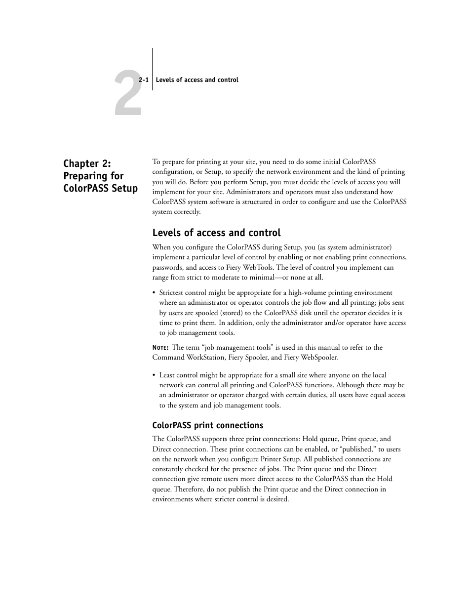 Chapter 2: preparing for colorpass setup, Levels of access and control, Colorpass print connections | Ead chapter 2, and then see the follo | Canon Z5000 User Manual | Page 27 / 168