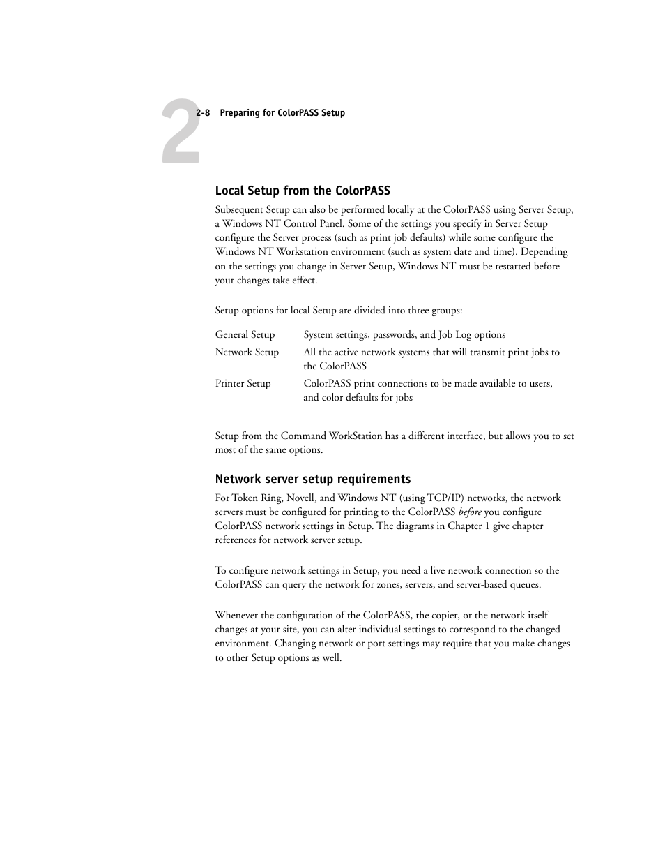Local setup from the colorpass, Network server setup requirements | Canon Z5000 User Manual | Page 34 / 168