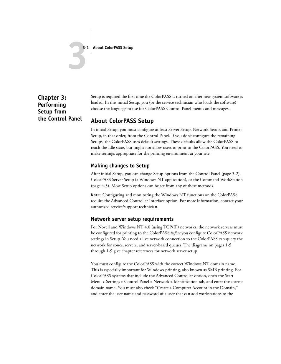 Chapter 3: performing setupfrom thecontrol panel, About colorpass setup, Making changes to setup | Network server setup requirements, Chapter 3: performing setup from the control panel, Chapter 3 describes colorp, Chapter 3 | Canon Z5000 User Manual | Page 37 / 168