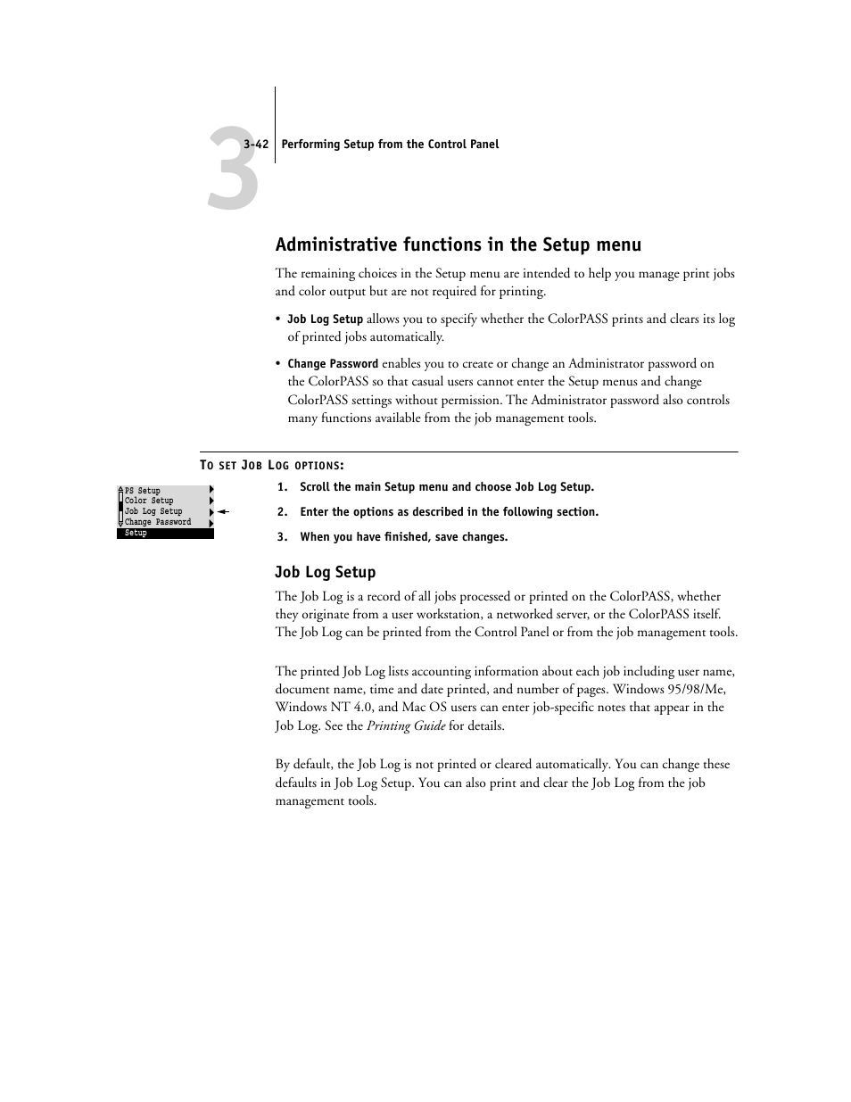 Administrative functions in the setup menu, Job log setup | Canon Z5000 User Manual | Page 78 / 168