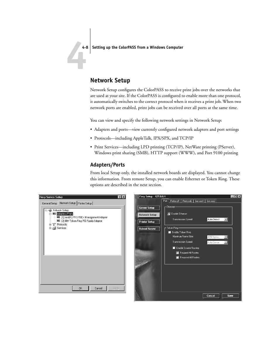 Network setup, Adapters/ports | Canon Z5000 User Manual | Page 92 / 168
