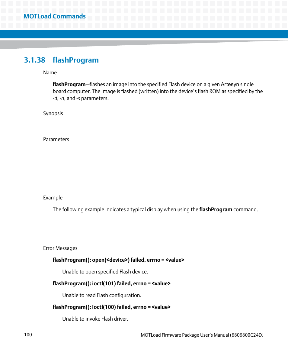 38 flashprogram, Flashprogram, Motload commands | Artesyn MOTLoad Firmware Package User's Manual (February 2015) User Manual | Page 100 / 282