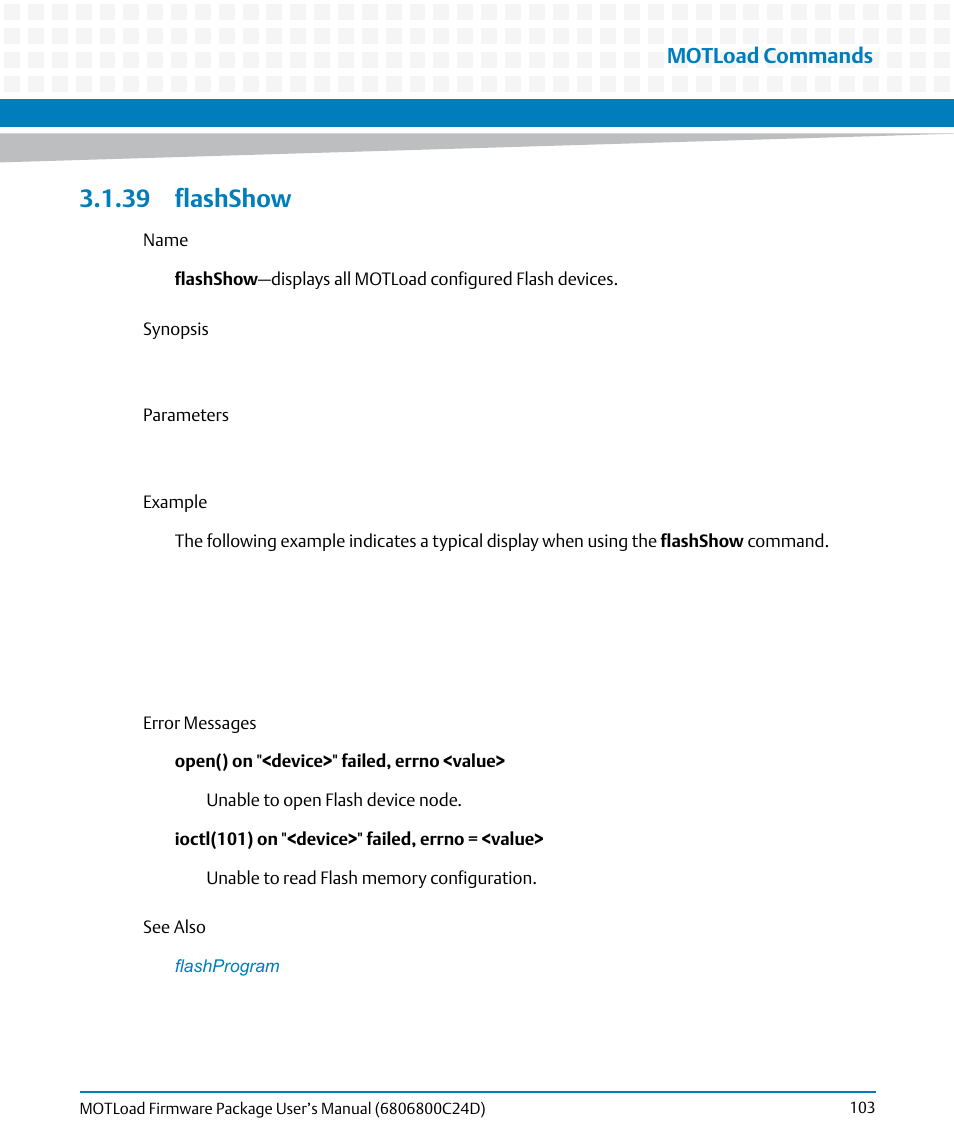 39 flashshow, Flashshow, Motload commands | Artesyn MOTLoad Firmware Package User's Manual (February 2015) User Manual | Page 103 / 282