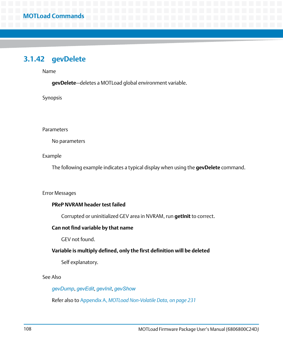 42 gevdelete, Gevdelete, Motload commands | Artesyn MOTLoad Firmware Package User's Manual (February 2015) User Manual | Page 108 / 282