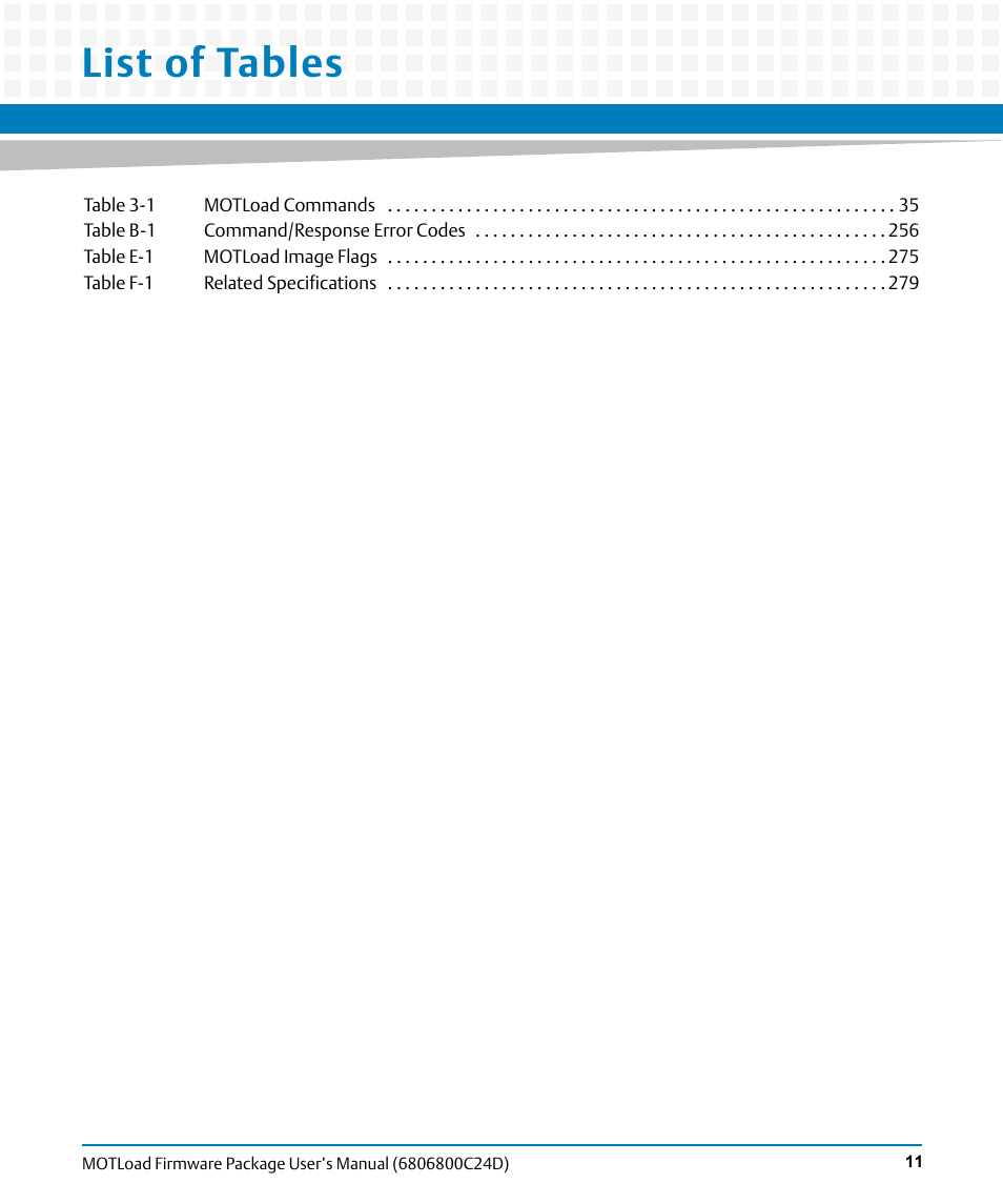 List of tables | Artesyn MOTLoad Firmware Package User's Manual (February 2015) User Manual | Page 11 / 282