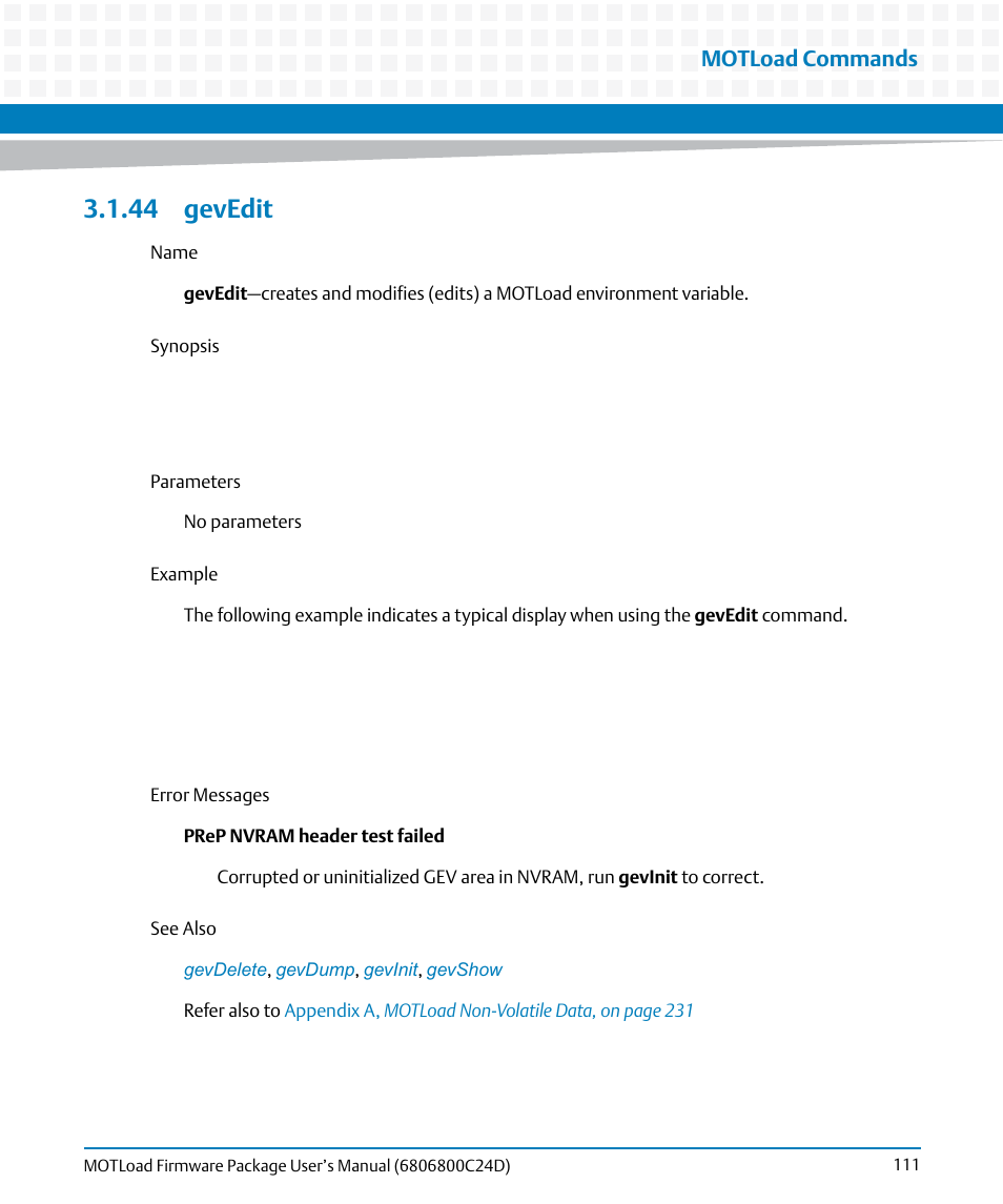 44 gevedit, Gevedit, Motload commands | Artesyn MOTLoad Firmware Package User's Manual (February 2015) User Manual | Page 111 / 282