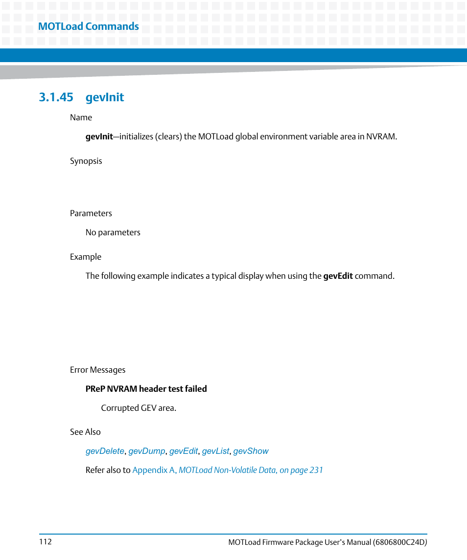 45 gevinit, Gevinit, Motload commands | Artesyn MOTLoad Firmware Package User's Manual (February 2015) User Manual | Page 112 / 282