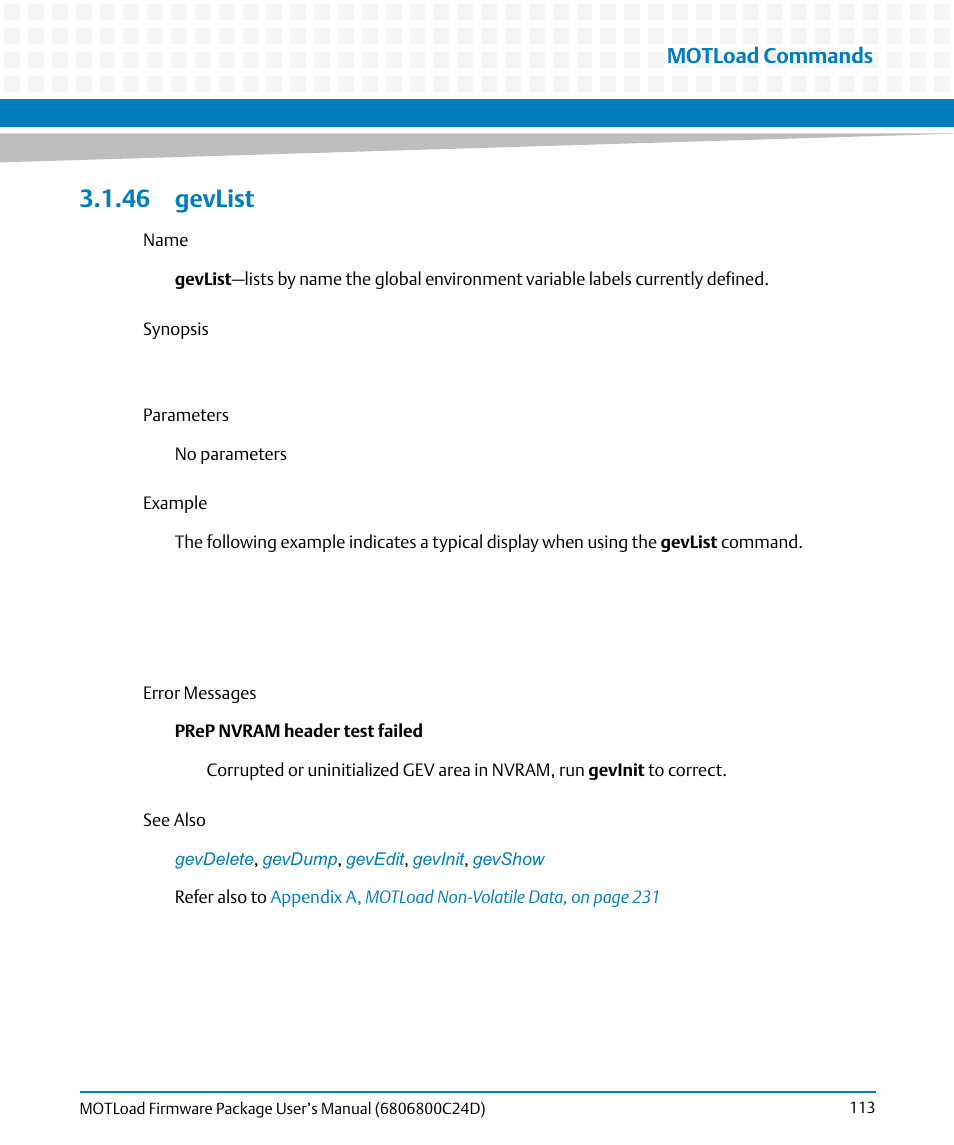 46 gevlist, Gevlist, Motload commands | Artesyn MOTLoad Firmware Package User's Manual (February 2015) User Manual | Page 113 / 282