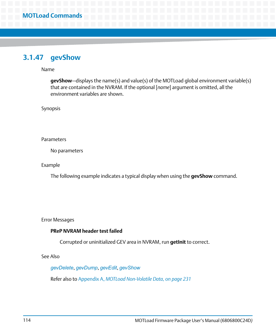 47 gevshow, Gevshow, Motload commands | Artesyn MOTLoad Firmware Package User's Manual (February 2015) User Manual | Page 114 / 282