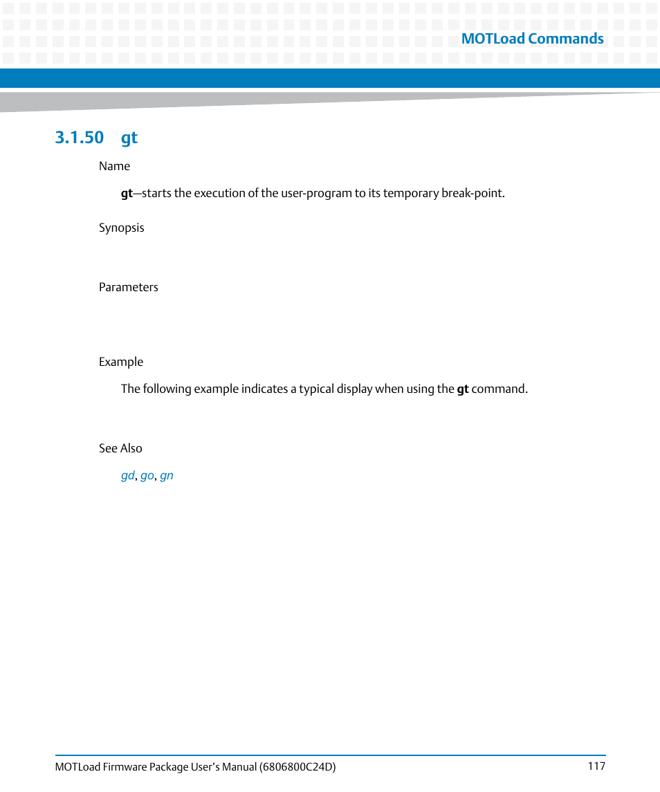 50 gt, Motload commands | Artesyn MOTLoad Firmware Package User's Manual (February 2015) User Manual | Page 117 / 282