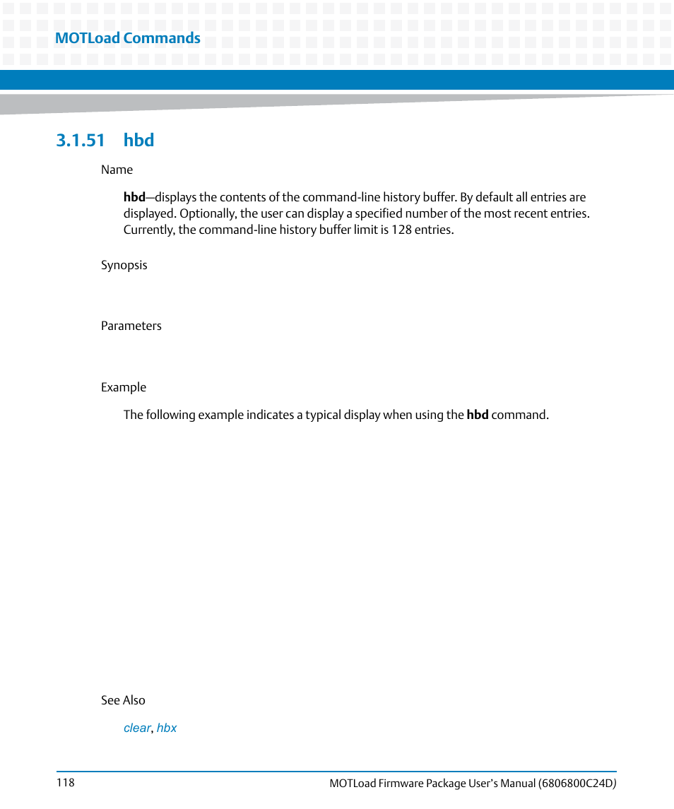 51 hbd, Motload commands | Artesyn MOTLoad Firmware Package User's Manual (February 2015) User Manual | Page 118 / 282