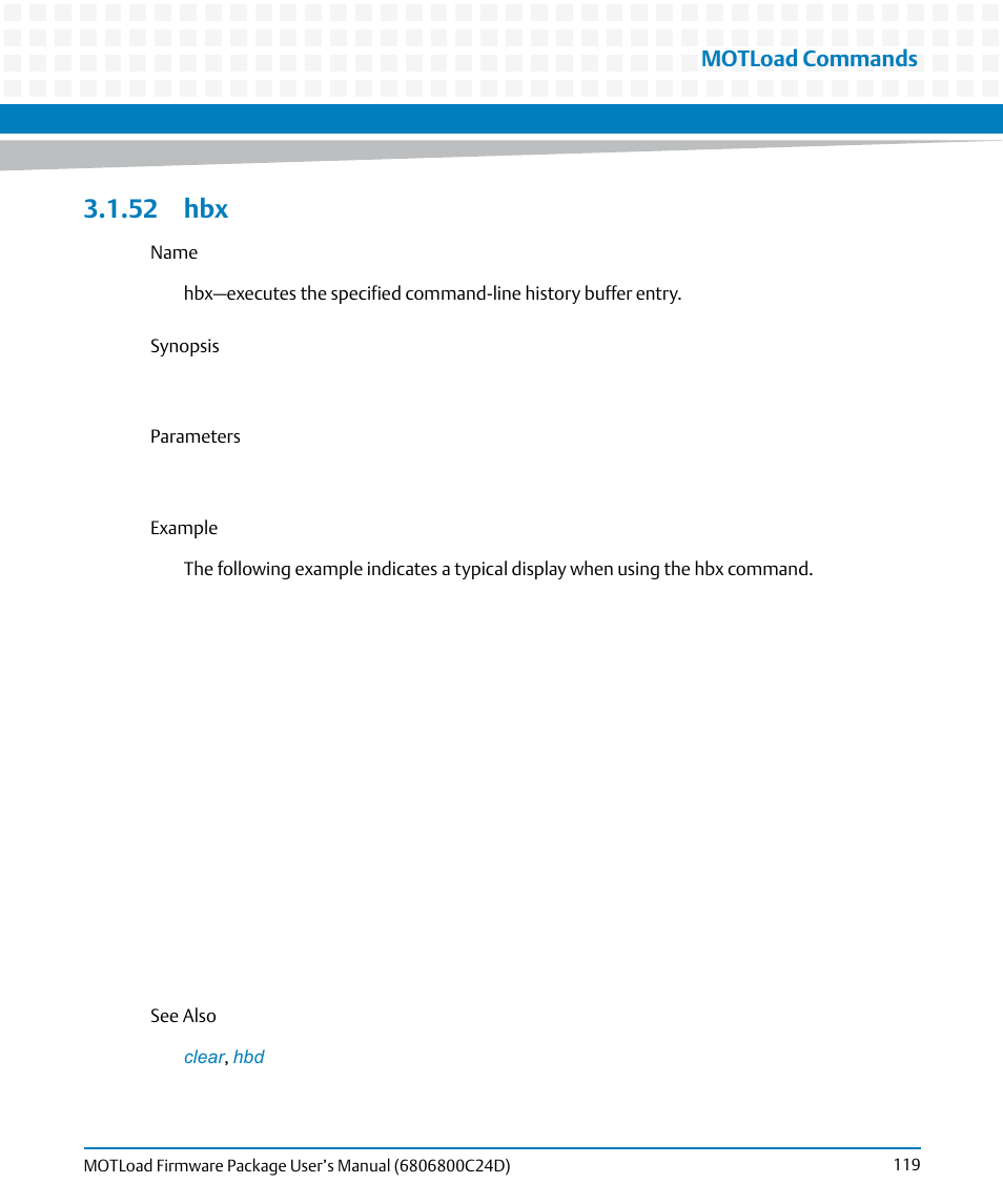 52 hbx, Motload commands | Artesyn MOTLoad Firmware Package User's Manual (February 2015) User Manual | Page 119 / 282