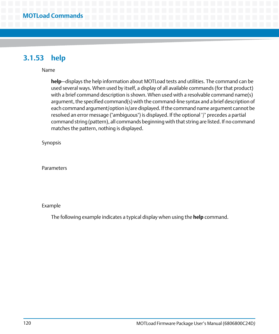 53 help, Help, Motload commands | Artesyn MOTLoad Firmware Package User's Manual (February 2015) User Manual | Page 120 / 282