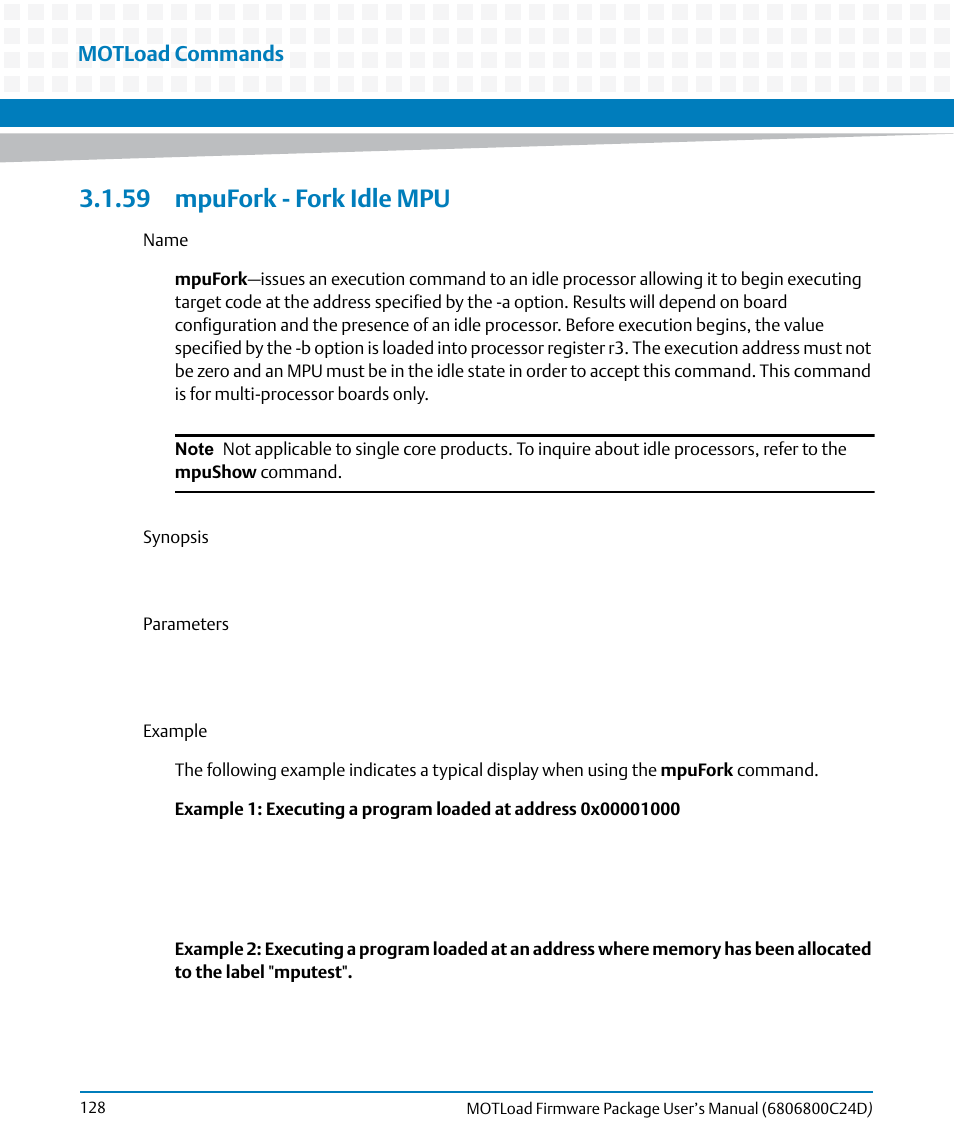 59 mpufork - fork idle mpu, Mpufork, Motload commands | Artesyn MOTLoad Firmware Package User's Manual (February 2015) User Manual | Page 128 / 282