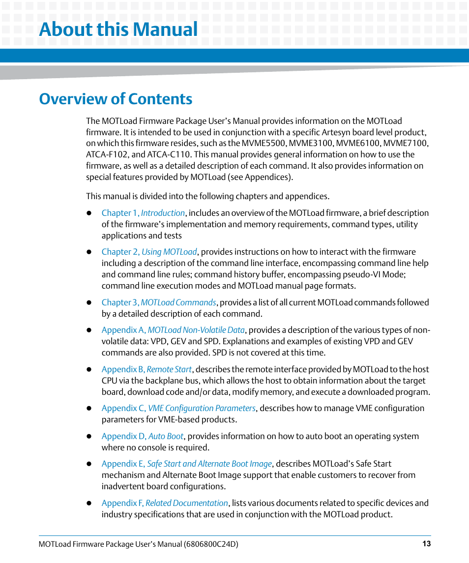 About this manual, Overview of contents | Artesyn MOTLoad Firmware Package User's Manual (February 2015) User Manual | Page 13 / 282