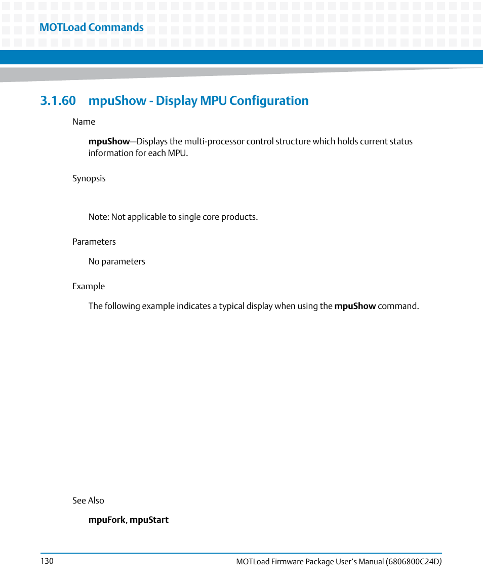 60 mpushow - display mpu configuration, Mpushow, Motload commands | Artesyn MOTLoad Firmware Package User's Manual (February 2015) User Manual | Page 130 / 282