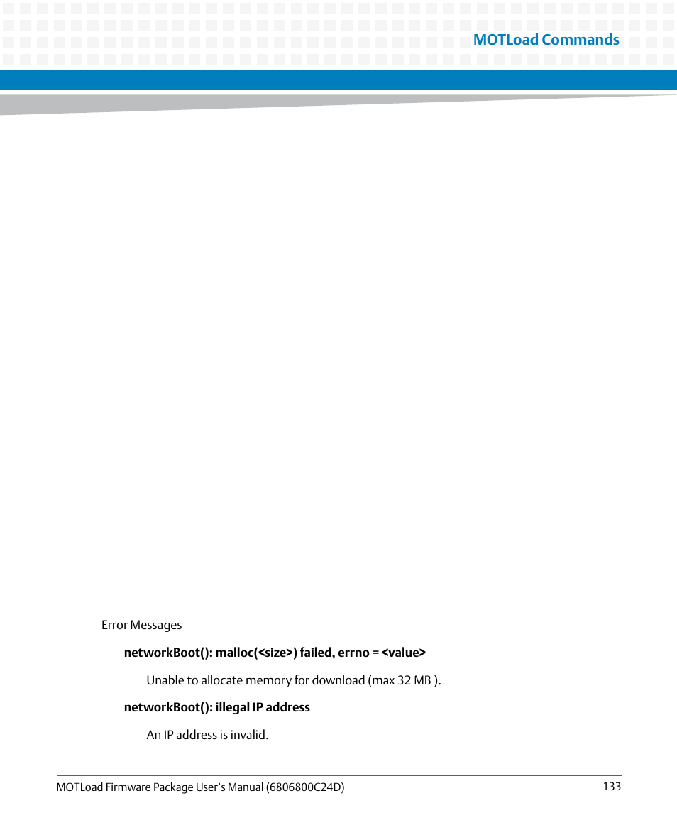 Motload commands | Artesyn MOTLoad Firmware Package User's Manual (February 2015) User Manual | Page 133 / 282