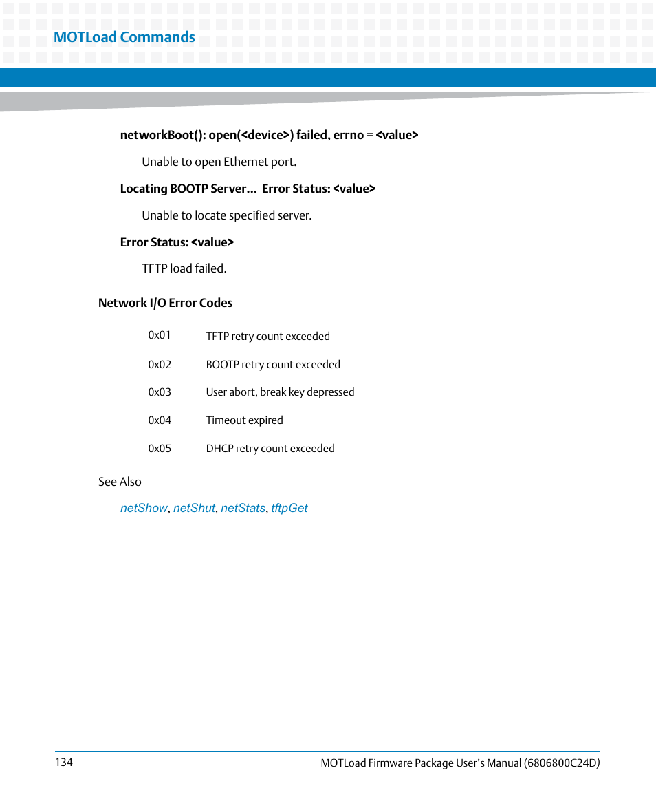 Motload commands | Artesyn MOTLoad Firmware Package User's Manual (February 2015) User Manual | Page 134 / 282